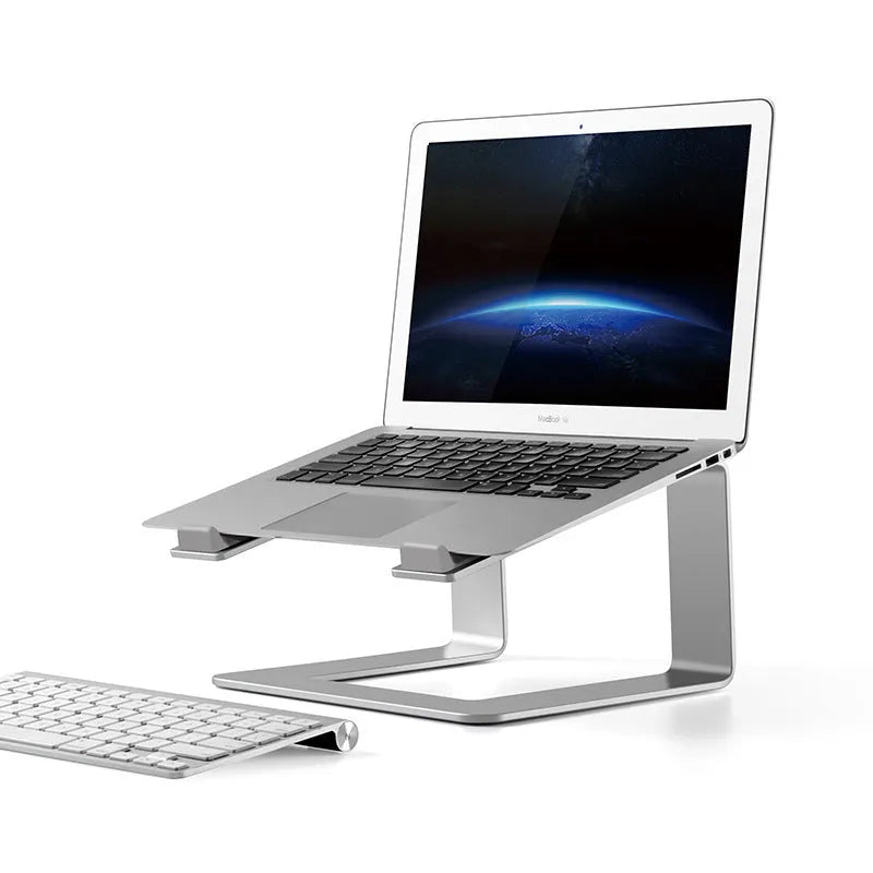 Aluminium laptop stand in black or silver with ventilation gap and foldable design