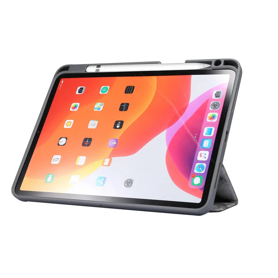Tri-fold marbling design iPad case with pen slot in dark grey colour showing protective features