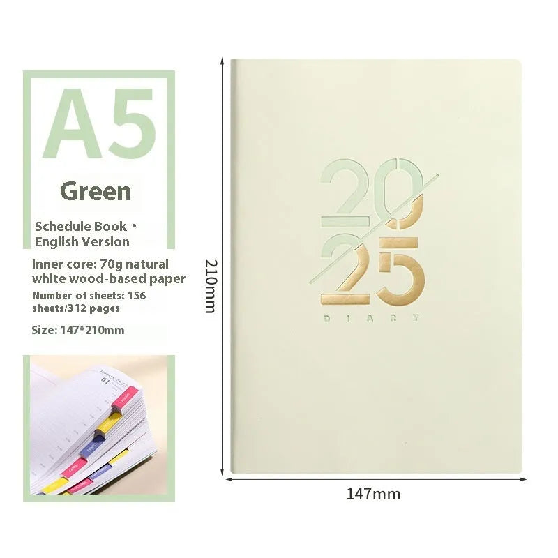 A5 soft faux leather daily schedule book open showing Dorian paper pages