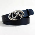 Casual silver buckle belt with PU leather strap in 105cm length and 3.3cm width