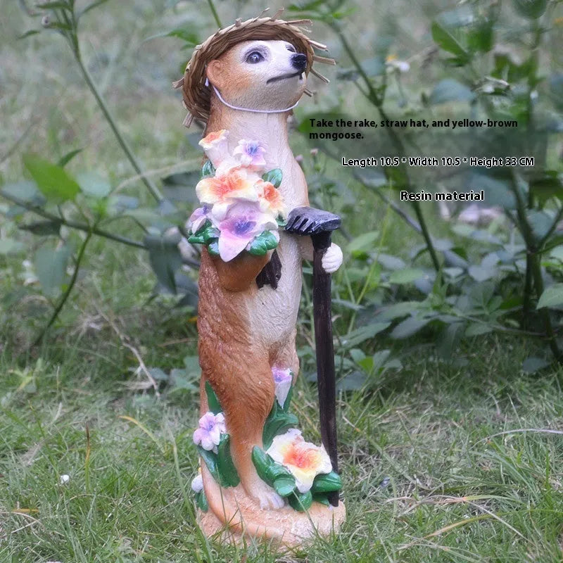 Straw hat mongoose garden ornament with synthetic resin construction for outdoor decoration