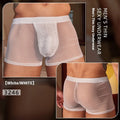 Men's black and white ultra-thin nylon boxer briefs laid flat, showing free size fit.