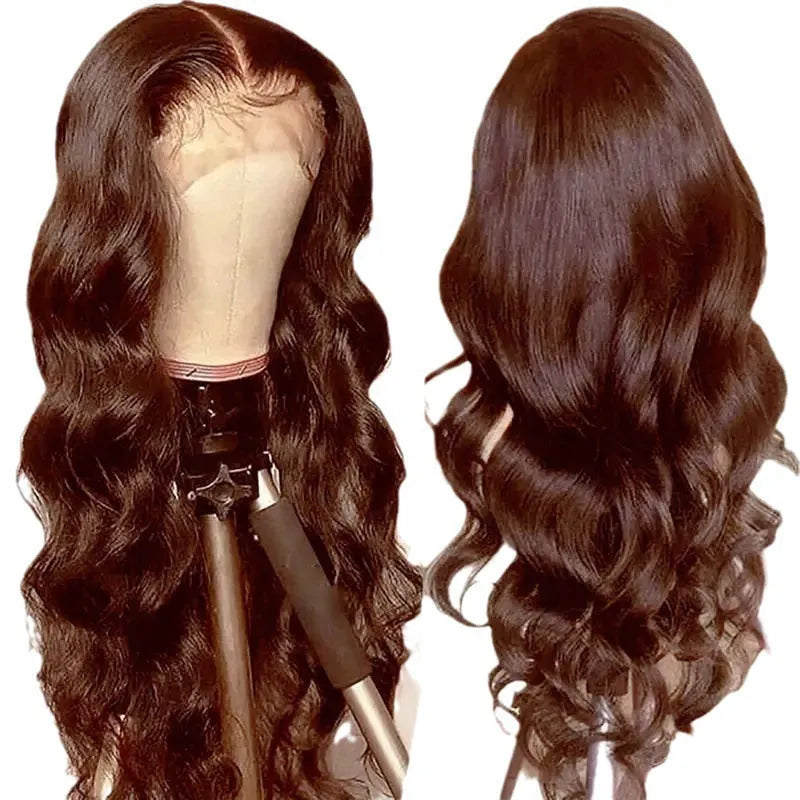Women's dark brown front lace wig with long curly hair and side bangs in European fashion style