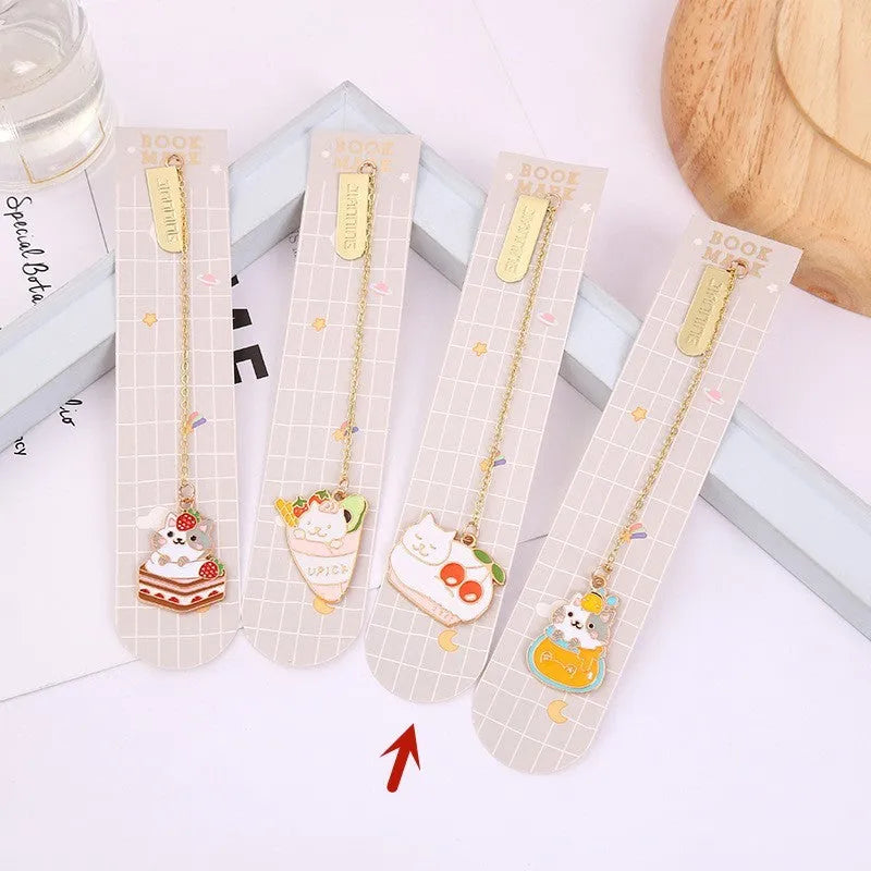 Jane Key Foodie cute pet cat metal bookmark with cartoon pendant in one of four designs, size 3.8cm by 18.3cm.