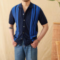 Short-sleeved striped knitted polo cardigan in light blue with a lapel collar.