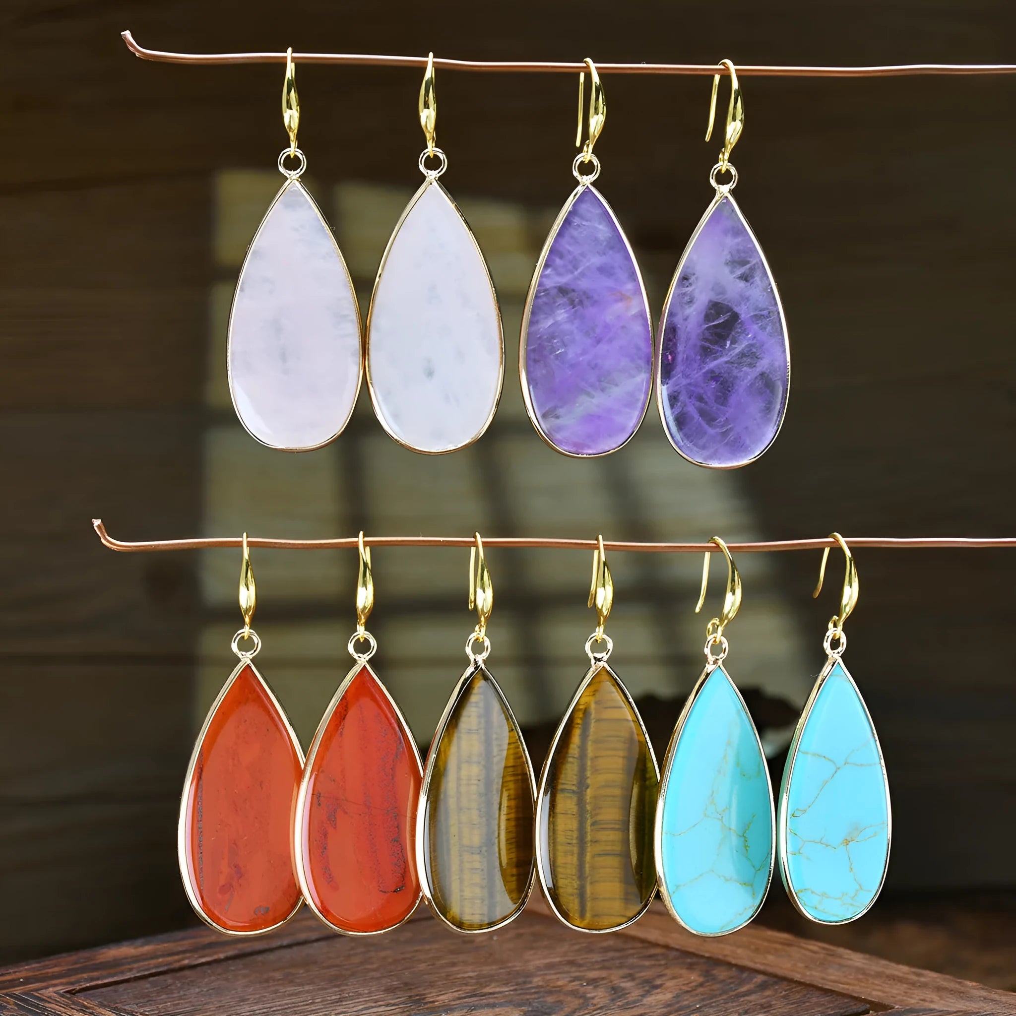 Vintage style women's stone drop earrings with long water design in five colour options