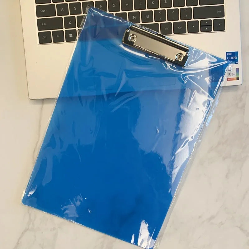Transparent A4 plate holder with metal clip showing document visibility and colour options