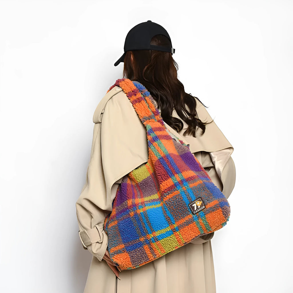 Women's soft plush plaid crossbody tote bag in Army Green colour showing front view and shoulder strap