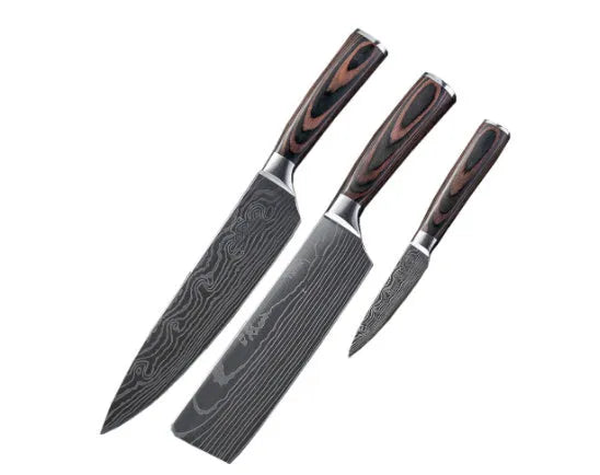 Kitchen chef knife with laser Damascus pattern on 7CR17 stainless steel blade and colour steel handle
