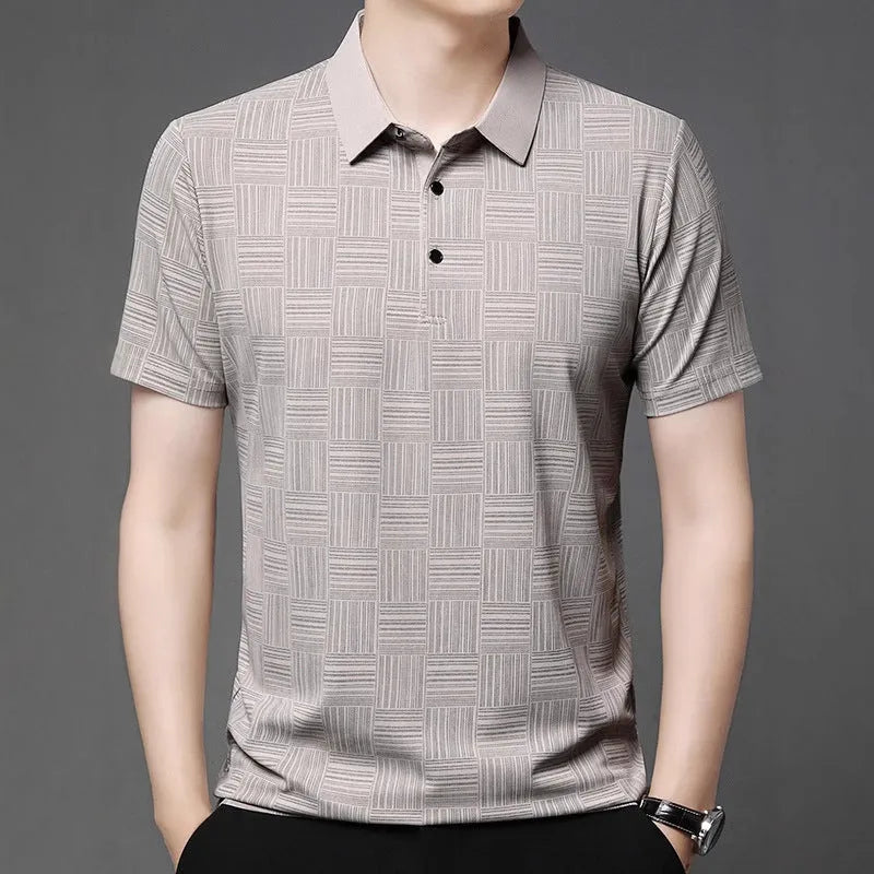 Men's slim fit lapel collar t-shirt in beige, made from a thin breathable fabric.
