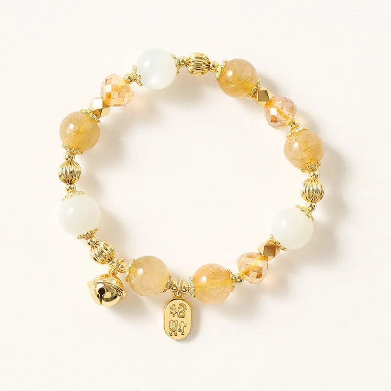Gold-coloured rutilated quartz bracelet with Korean style design and electroplated crystal construction