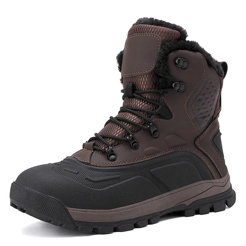 Men's black and khaki velvet high-top boots with fleece lining and lace-up front