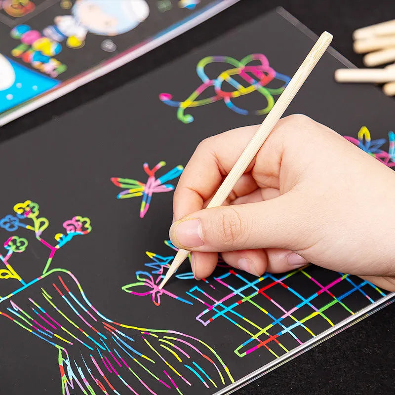 Scratch painting tool kit with scraper pen, repair solution, brush, and bamboo stick for artwork detailing