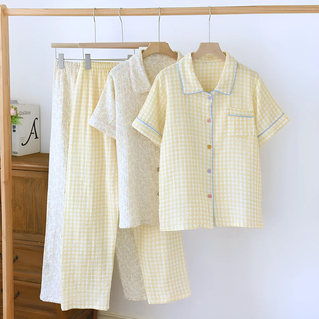 Women's washed cotton short-sleeved trouser suit in Flower Sea pattern with three-quarter sleeves