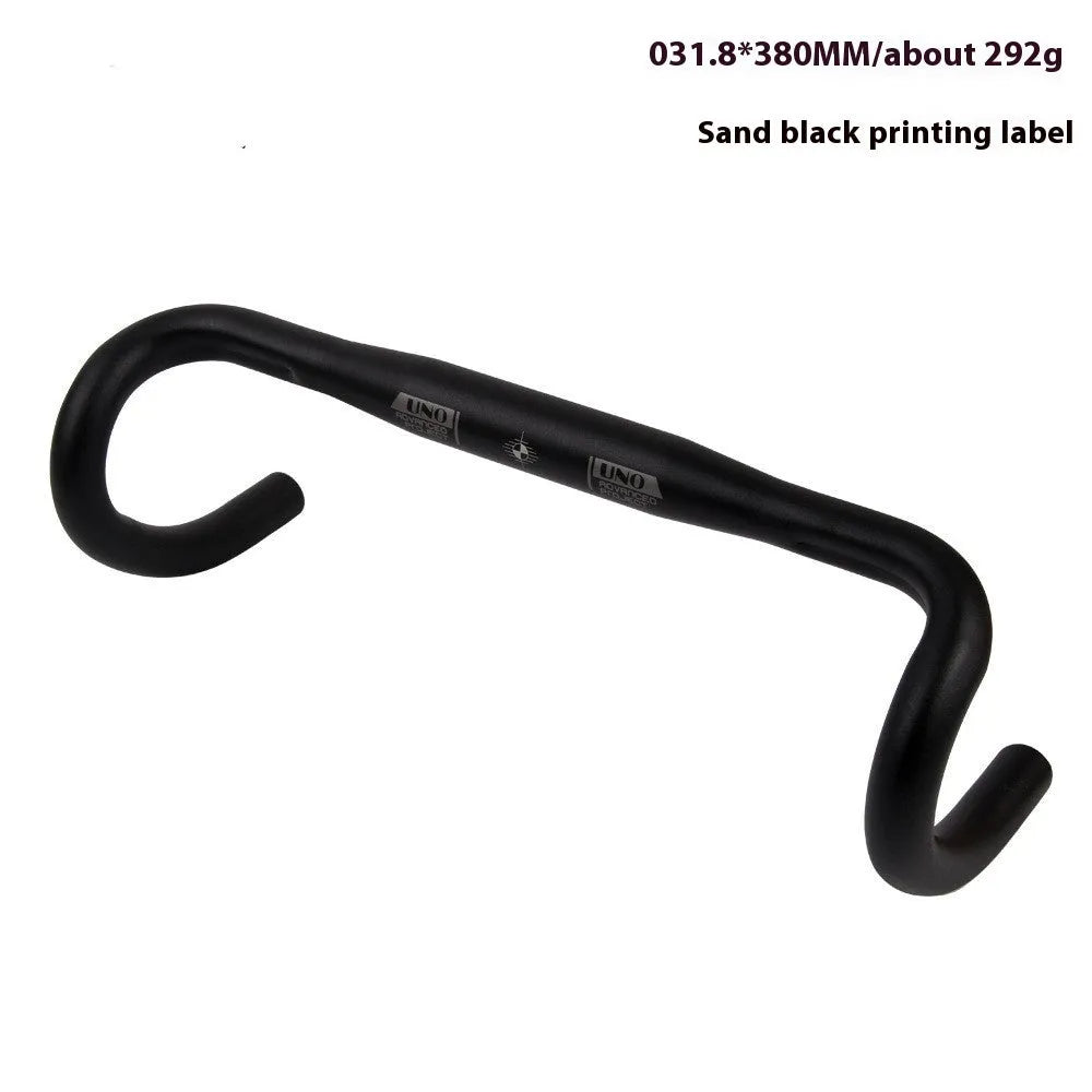 Black UNO aluminium alloy road bike drop handlebar showing bent shape and 31.8mm clamp area