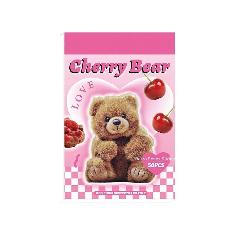 Cartoon sticker book with retro American style showing 4x6cm adhesive stickers in six colour variations