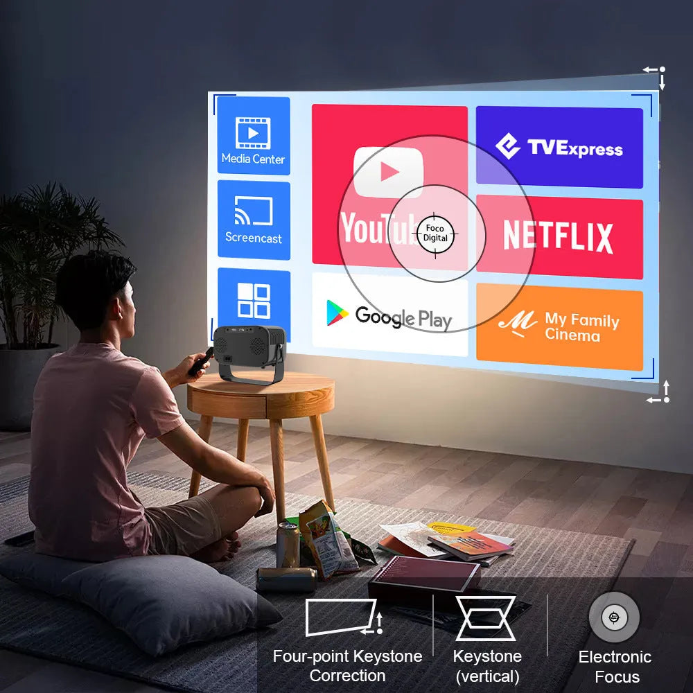Black portable smart projector with remote control showing HD 1280x720 resolution and 150 lumens specifications