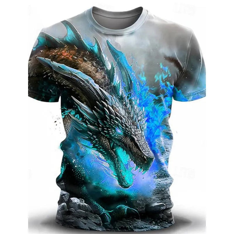 Men's grey T-shirt with a detailed 3D wind dragon graphic print on the chest.