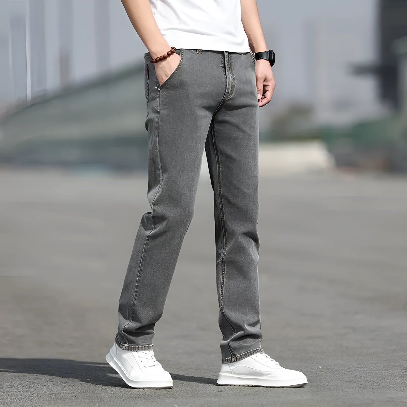Men's smoky gray low-waist straight-leg jeans made from elastic rabbit fur fabric with a zip fly.