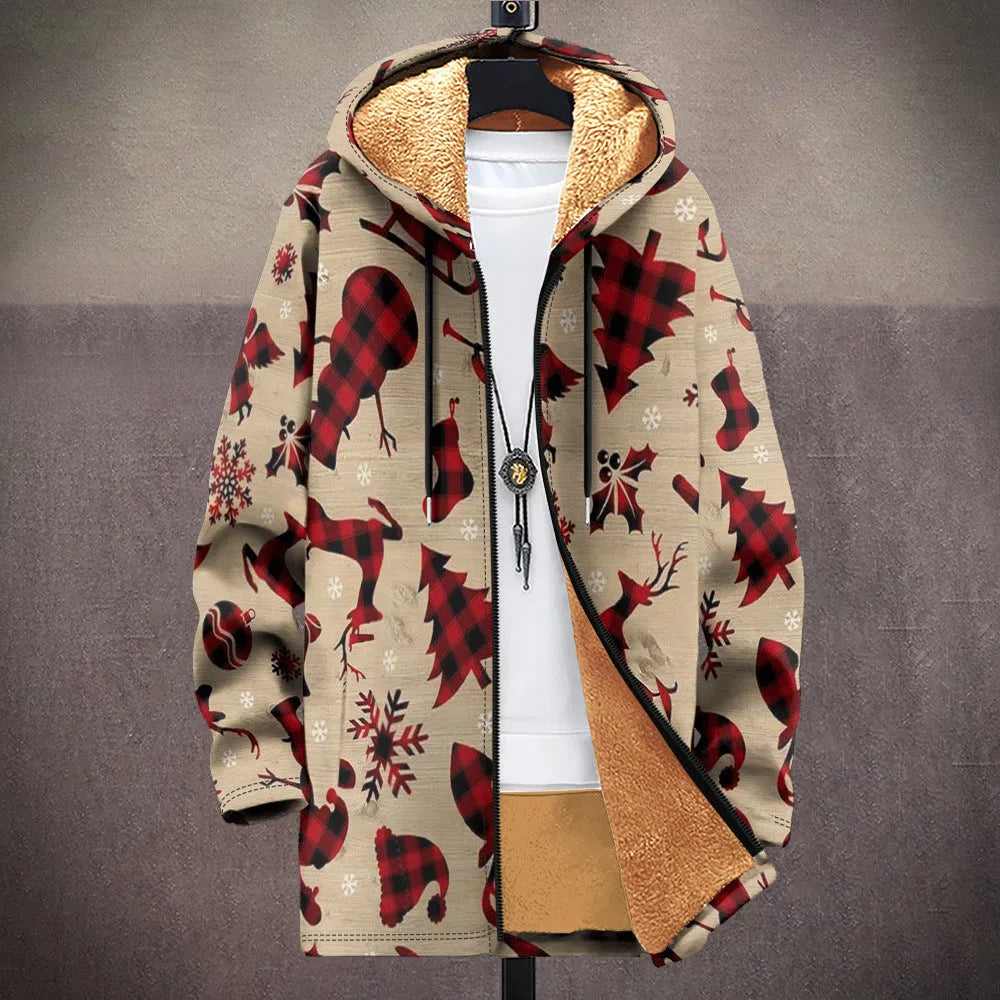 Man wearing a loose fit, multicolour print hooded cardigan with a front zipper.