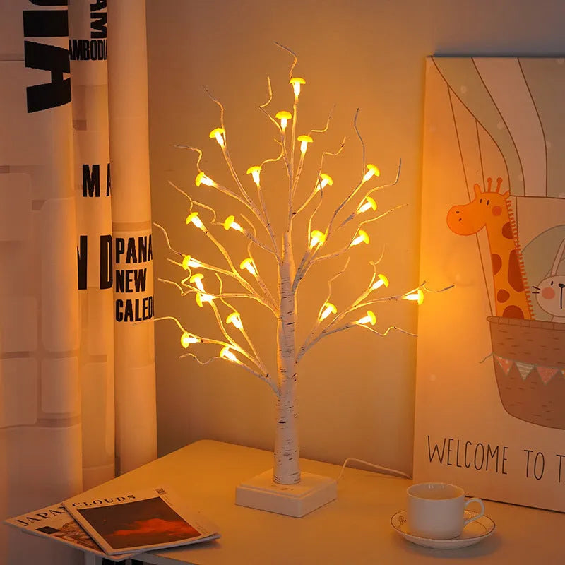 60cm tall birch tree LED lamp with 24 mushroom flowers, warm light, detachable base