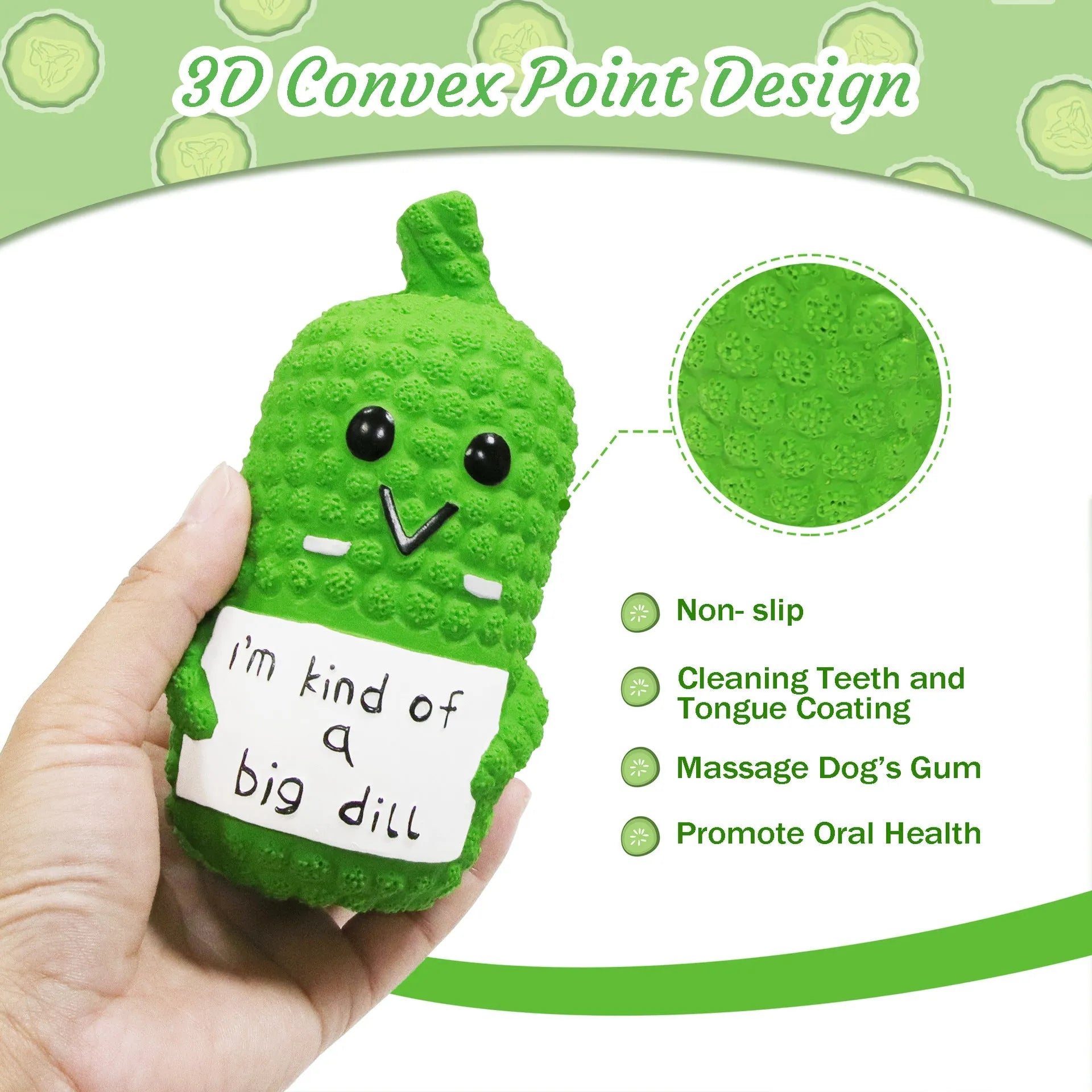 Green pickle-shaped latex dog chew toy with textured surface and squeaker.