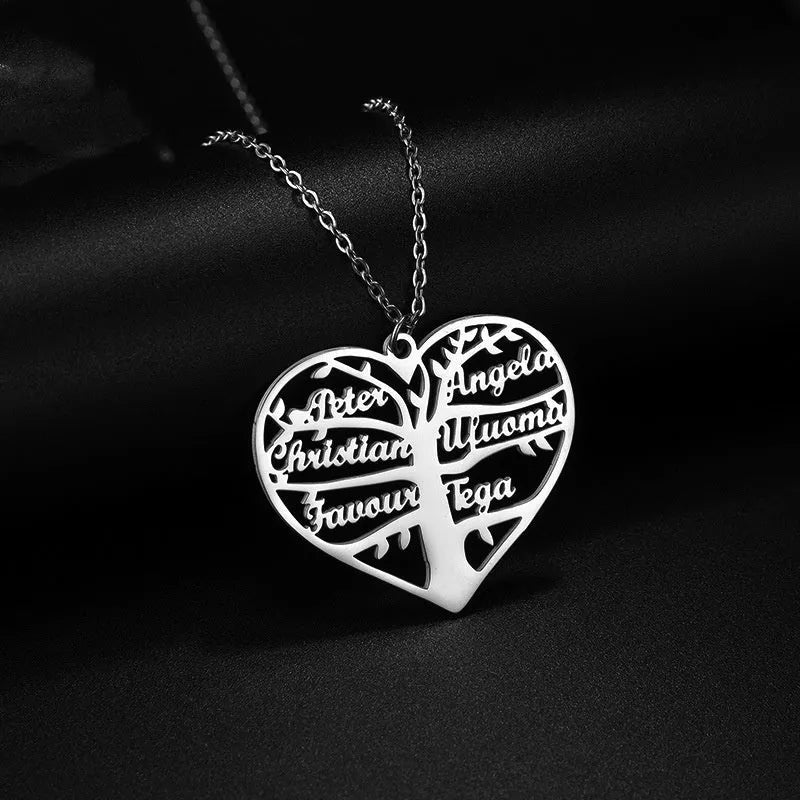 Custom stainless steel necklace with hollow heart lucky tree pendant engraved with names, shown in silver, gold, and rose gold colours.