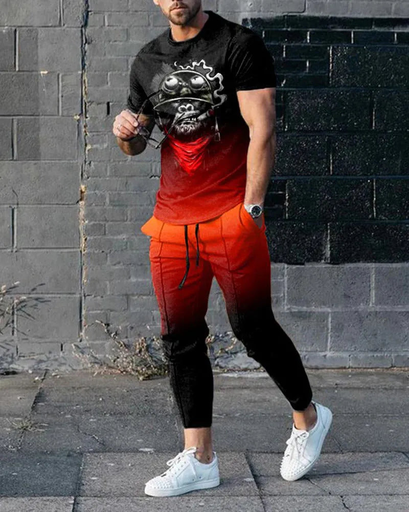 Men's short sleeve printed pullover and trousers set in thin polyester blend fabric for sports and casual wear