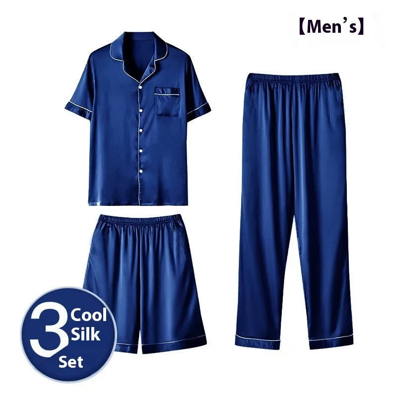 Men's black ice silk three-piece home wear suit featuring a sleeveless top, shorts, and trousers laid flat