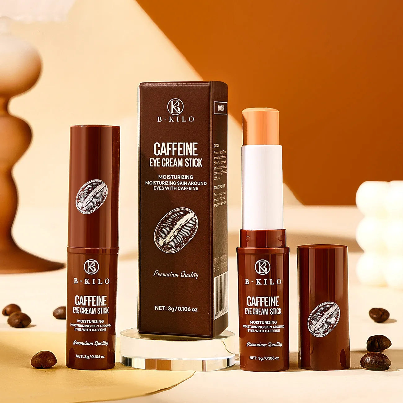 Caffeine eye cream stick with twist-up applicator, 3g net content.