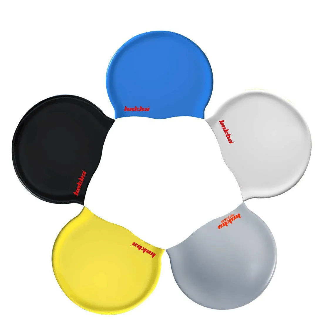 Silicone swimming cap with a graphic letter pattern, shown in one of five colours: black, white, yellow, blue, or grey.