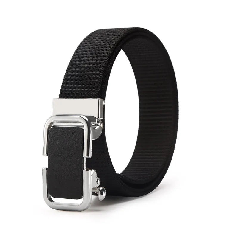Toothless nylon canvas men's belt with alloy buckle shown in multiple colour options