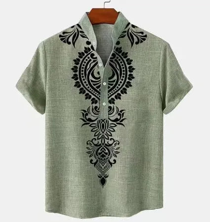 Men's striped loose-fit casual shirt on a hanger, showing button front and sleeve detail.