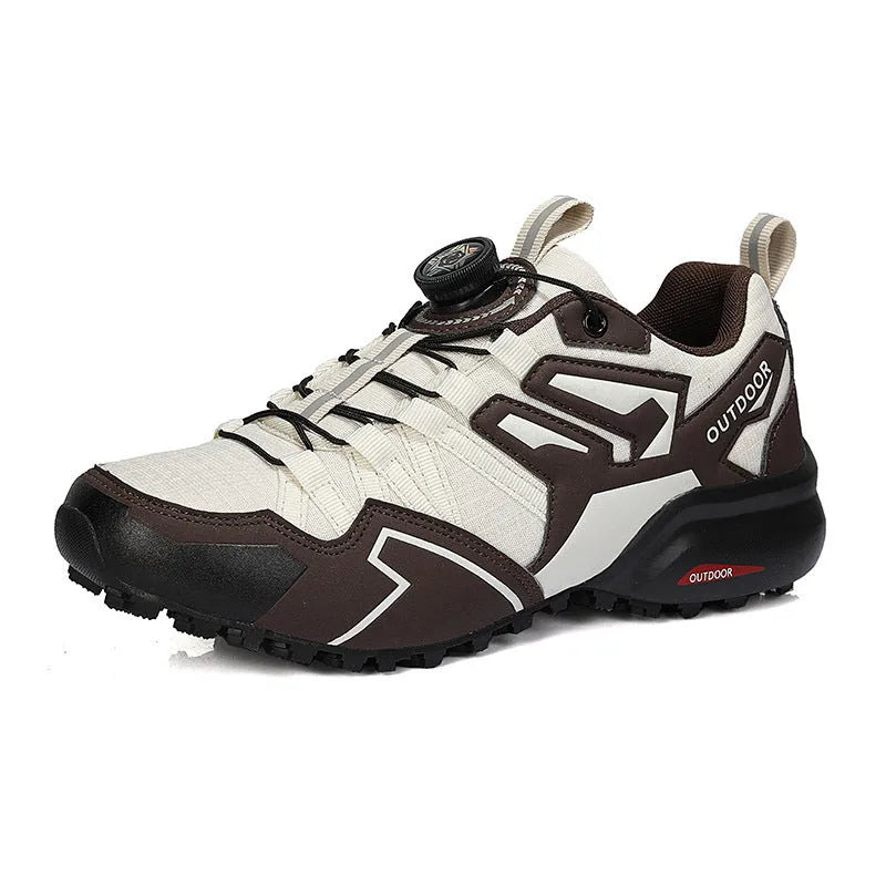 Men's beige hiking shoes with elastic band closure and rubber sole for outdoor activities