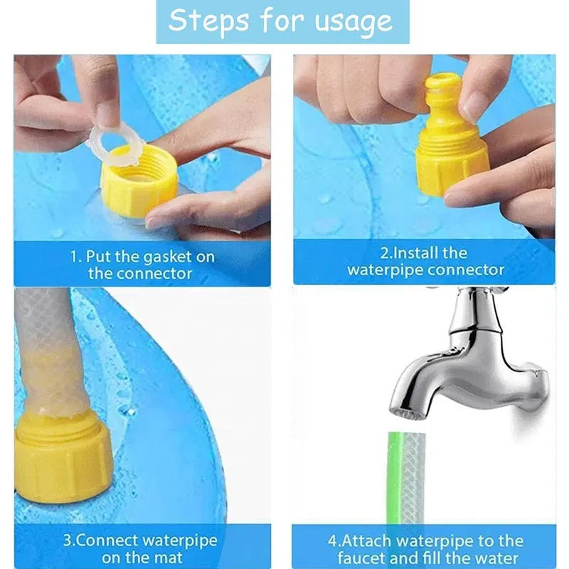 Inflatable blue dog pool splash pad with anti-slip texture, partially filled with water in a garden.