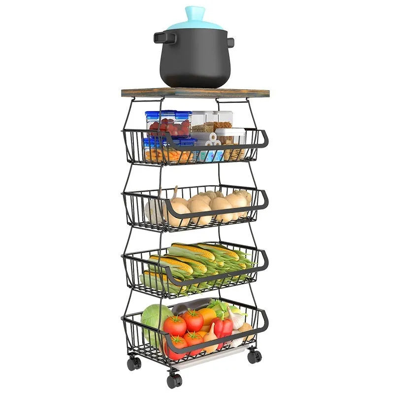 Black six tier free standing kitchen storage shelf trolley with modern design