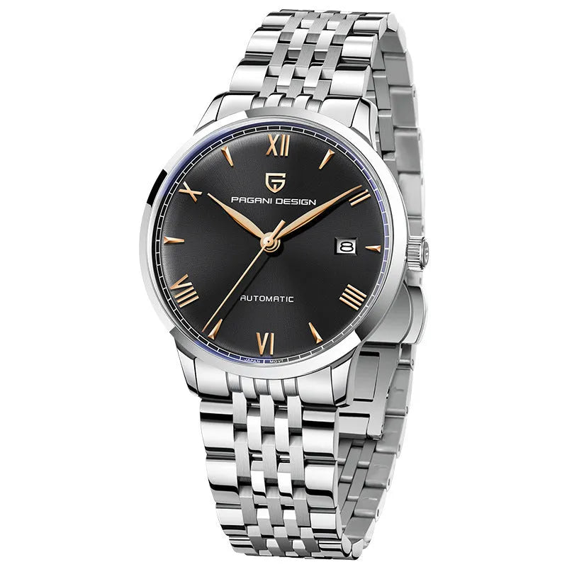Men's automatic mechanical watch 12mm black dial with leather strap on wrist