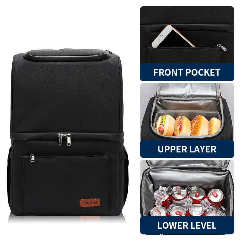Blue double-layer insulated waterproof backpack cooler with 22 litre capacity shown outdoors.