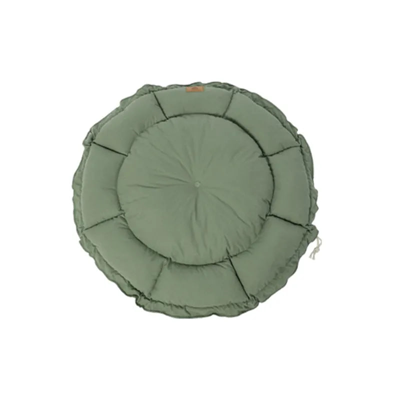 Grey and green reversible donut-shaped pet bed for cats and small dogs, shown in small, medium, and large sizes.