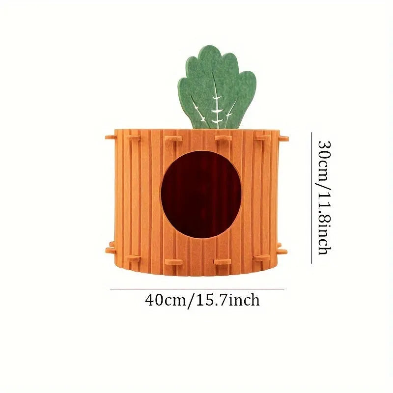 Carrot-themed cat nest with felt tunnel, semi-enclosed cattery in two size options.