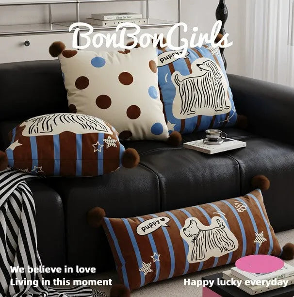 Blue cartoon animal print cushion pillow on a sofa, showing square and rectangular size options.