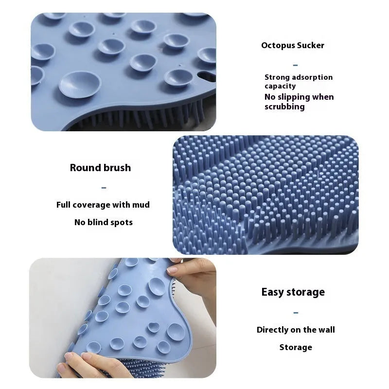 Blue silicone bath scrubber mat with bristles, shown next to grey and pink colour options.