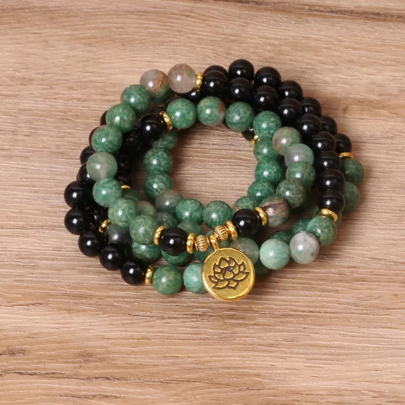 Green and black alloy elastic beaded bracelet with natural style design