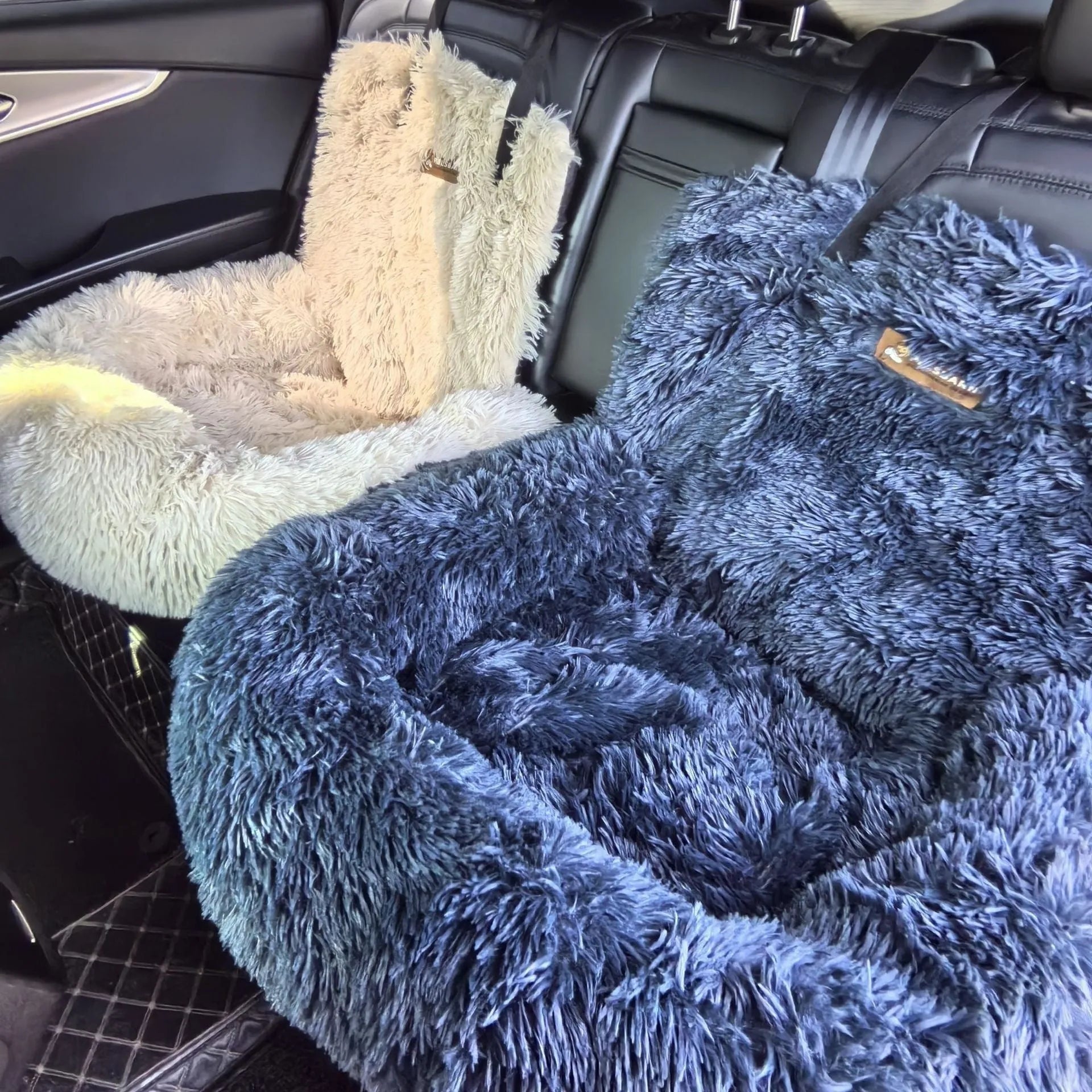 Winter thicken thermal vehicle pet mat in dark grey and beige colours showing single and double seat sizes