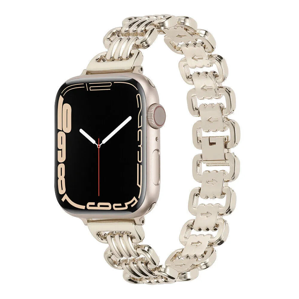Silver alloy metal link bracelet for Apple Watch on a wrist.