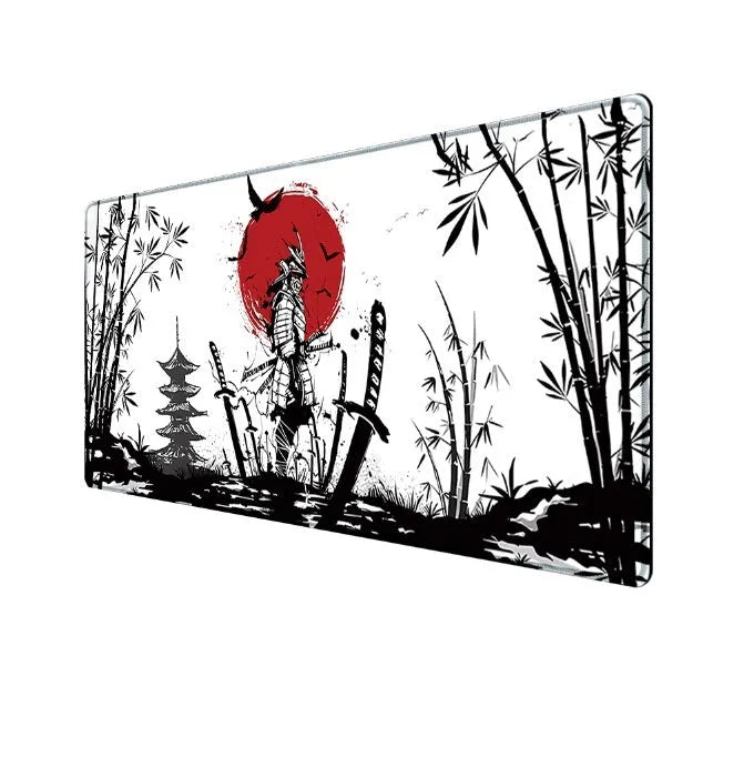 Japanese Samurai design cloth gaming mouse pad with non-slip base on a desk.