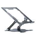 Grey aluminium laptop stand with adjustable angle and folding legs for portable use