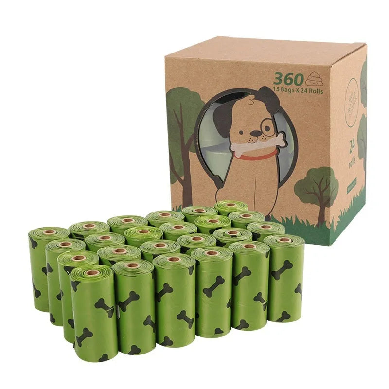 Roll of army green degradable dog poop bags with black bone print, showing bag size of 23x33cm.