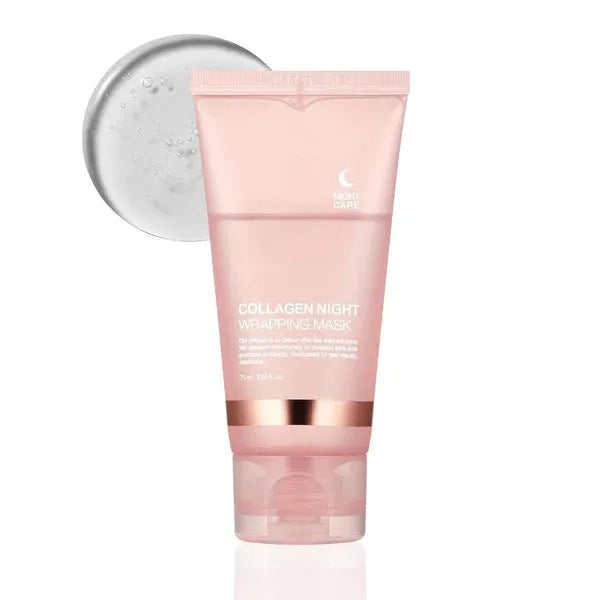75ml bottle of collagen night face mask with application brush for skin firming and hydration.