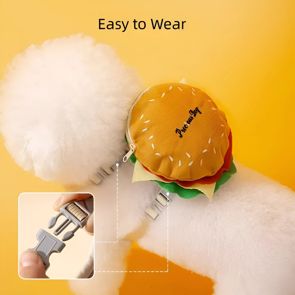 Cartoon hamburger chips design adjustable dog leash and escape proof vest with backpack harness.